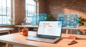 Laptop mit GTM Server-Side Tagging Interface, schwebende Daten-Streams für Cookieless Tracking und Netzwerkarchitektur-D