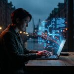 DSGVO KI-Verordnung KMU 2026: Person am Laptop, Datenströme, Hologramme, Vorschriften, Ankermodell
