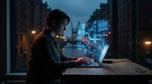 DSGVO KI-Verordnung KMU 2026: Person am Laptop, Datenströme, Hologramme, Vorschriften, Ankermodell