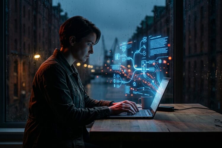 DSGVO KI-Verordnung KMU 2026: Person am Laptop, Datenströme, Hologramme, Vorschriften, Ankermodell