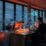 Stilisierte Datenfluss-Visualisierung mit holografischen Netzwerk-Elementen, Bürogebäude-Icon und blaugrüner Farbgestalt