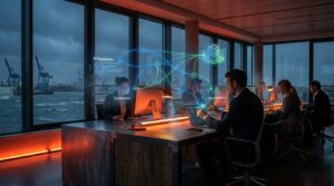 Stilisierte Datenfluss-Visualisierung mit holografischen Netzwerk-Elementen, Bürogebäude-Icon und blaugrüner Farbgestalt