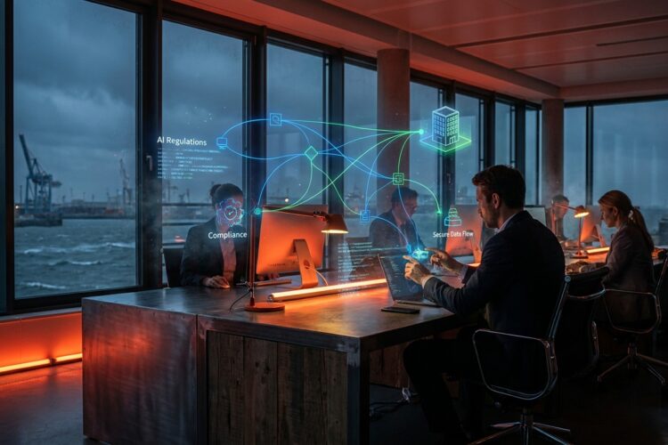 Stilisierte Datenfluss-Visualisierung mit holografischen Netzwerk-Elementen, Bürogebäude-Icon und blaugrüner Farbgestalt
