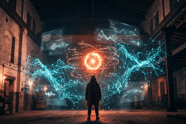 Abstrakte digitale Architektur mit leuchtendem Kernobjekt symbolisiert Generative Engine Optimization als KI-Synthese vo