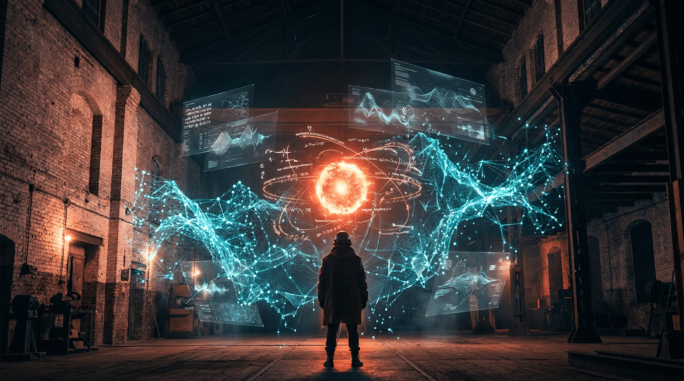 Abstrakte digitale Architektur mit leuchtendem Kernobjekt symbolisiert Generative Engine Optimization als KI-Synthese vo