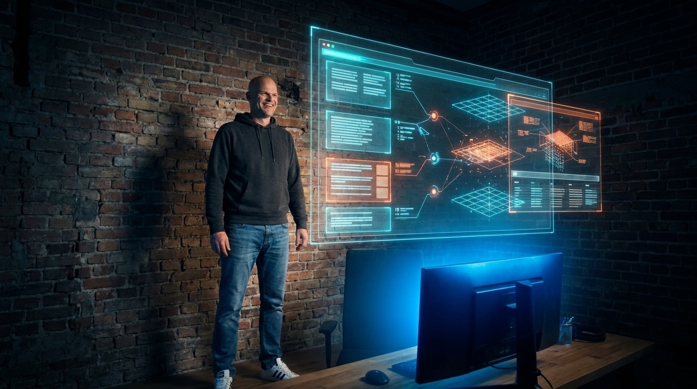Sönke vor Monitor mit KI-generierter Google-Suchantwort, schwebende Informationsblöcke symbolisieren Google AI Mode SEO