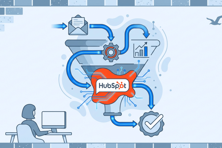 HubSpot Marketing Automation Funnel mit verbundenen Workflow-Knoten für E-Mail-Marketing, Automation und Reporting