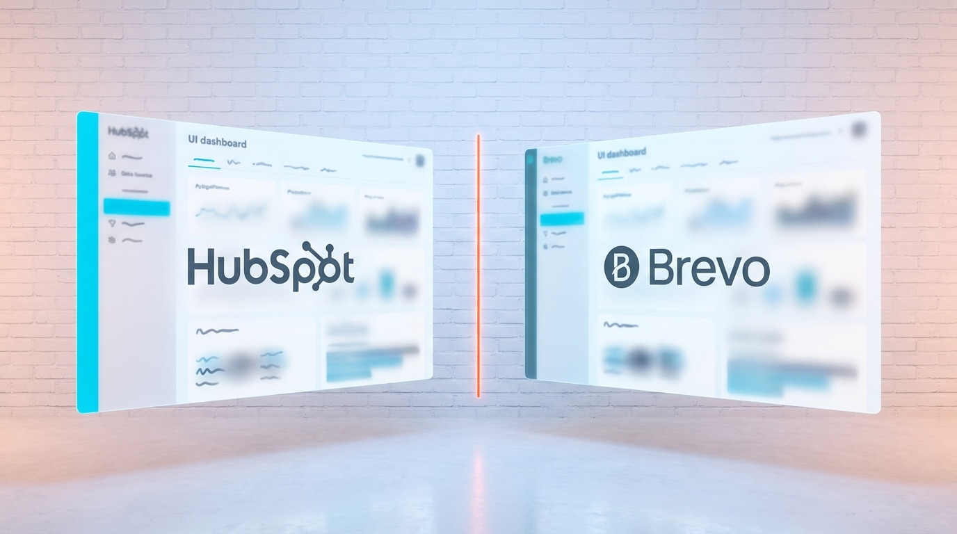 HubSpot und Brevo CRM-Interfaces nebeneinander in moderner Workspace-Umgebung, symbolisiert die Entscheidungsfindung zwi