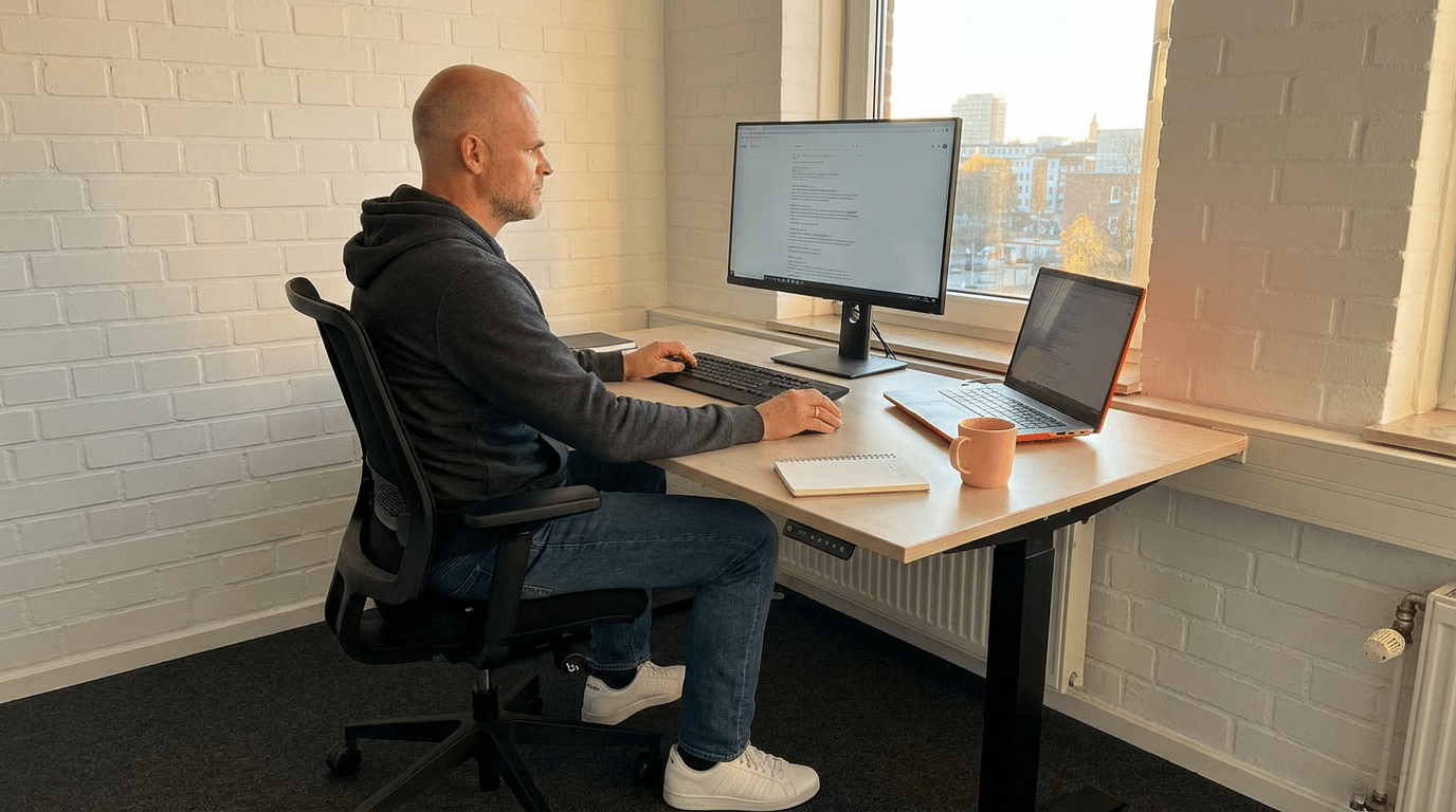 Solopreneur Office einrichten: ergonomischer Schreibtisch mit Laptop, externem Monitor und aufgeräumtem Setup im Tageslicht