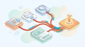 Isometrische Grafik zeigt Marketing Attribution Modell mit Touchpoints (Social, E-Mail, Suche, Landing Page) und gewicht