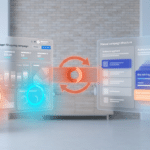 Zwei schwebende UI-Panels zeigen Meta Advantage+ Shopping Dashboard mit KI-Automatisierung links und manuelle Kampagnens