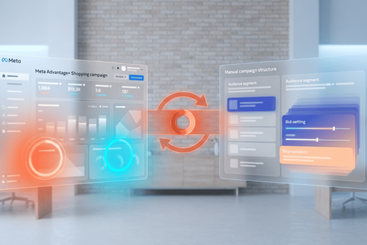 Zwei schwebende UI-Panels zeigen Meta Advantage+ Shopping Dashboard mit KI-Automatisierung links und manuelle Kampagnens