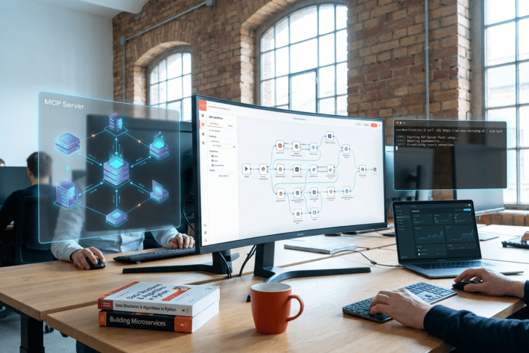 n8n MCP Server selber bauen: Workflow-Canvas mit MCP-Server-Nodes, Verbindungspfeilen und Terminal-Fenster mit Setup-Bef