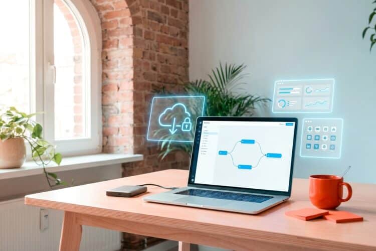 Laptop mit n8n-Workflow-Editor zeigt Automatisierungsknoten, umgeben von digitalen Backup- und Cloud-Icons, auf aufgeräu