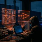 Holografische Workflow-Diagramme n8n und Make, Person an Laptop, Automatisierungstool-Vergleich
