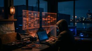Holografische Workflow-Diagramme n8n und Make, Person an Laptop, Automatisierungstool-Vergleich