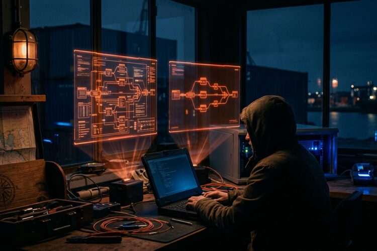 Holografische Workflow-Diagramme n8n und Make, Person an Laptop, Automatisierungstool-Vergleich