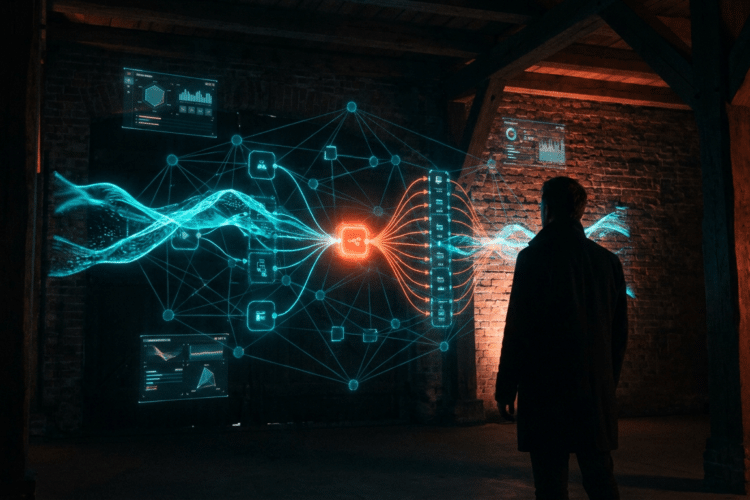 n8n Workflow-Canvas mit leuchtenden Perplexity-Node im Zentrum, verbundene Nodes leiten Recherche-Daten durch Informatio