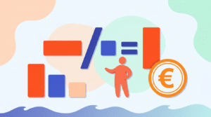 Illustration zur ROAS-Berechnung mit Divisionssymbol, Balkendiagrammen und Euro-Symbol als Ergebnis-Indikator