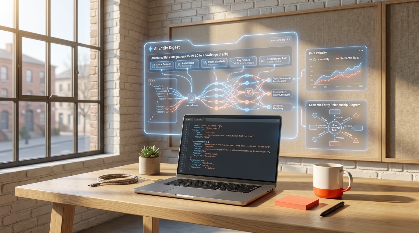 Laptop-Bildschirm zeigt Schema.org JSON-LD-Code mit holographischer Visualisierung von AI-Overview-Datenflüssen und sema