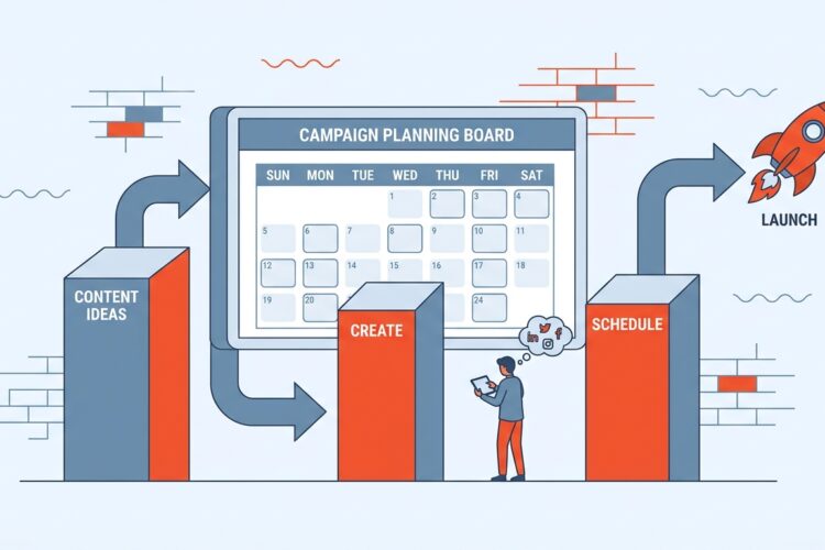 Illustration eines Social-Media-Kampagnen-Planungsboards mit Kalender, Content-Säulen und Raketen-Meilenstein zum erfolg