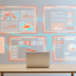 Marketing-Stack 2026 mit schwebenden UI-Panels für Analytics, Email-Newsletter, Social-Media und KI auf Laptop-Workspace