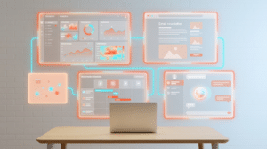 Marketing-Stack 2026 mit schwebenden UI-Panels für Analytics, Email-Newsletter, Social-Media und KI auf Laptop-Workspace