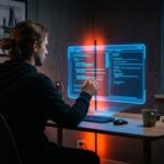 Person vor Hologramm mit Claude Code, VPS Hostinger Update, modernes Büro.