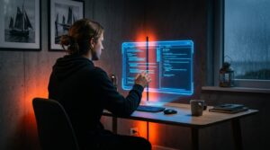 Person vor Hologramm mit Claude Code, VPS Hostinger Update, modernes Büro.