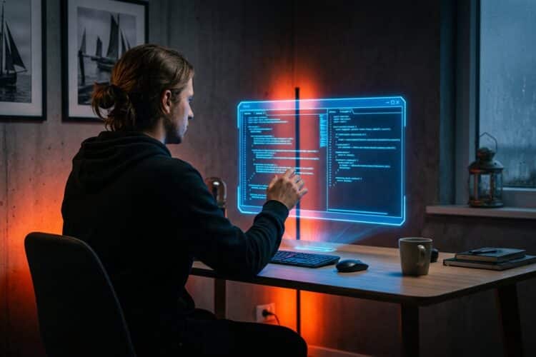 Person vor Hologramm mit Claude Code, VPS Hostinger Update, modernes Büro.