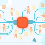 CRM-Illustration mit zentralem roten System, das Menschen-Icons, Notizen und blaue Verbindungslinien vernetzt