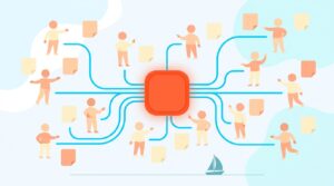 CRM-Illustration mit zentralem roten System, das Menschen-Icons, Notizen und blaue Verbindungslinien vernetzt