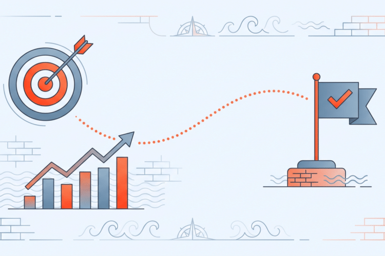 Abstraktes Dashboard-Illustration zeigt Social-Media-Marketing-Erfolg durch Bullseye-Ziel, steigende Balkendiagramme und