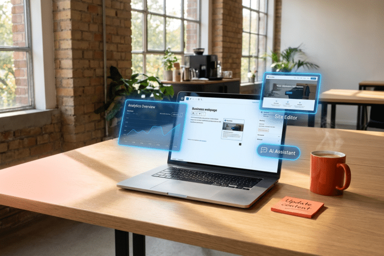Moderner Laptop-Workspace mit WordPress 7.0 Backend, sichtbare neue Features wie KI-Assistent, Site-Editor und Analytics