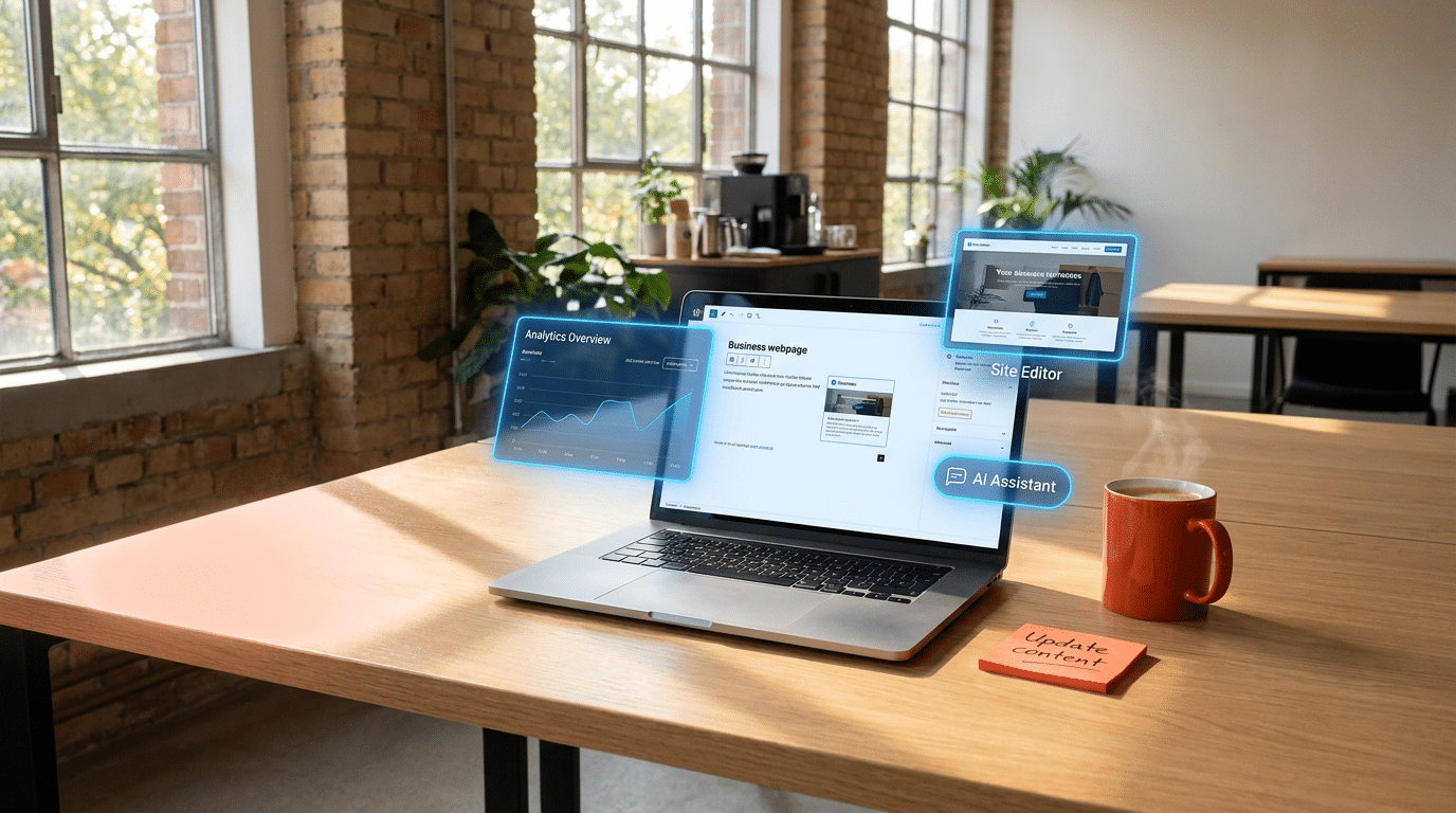 Moderner Laptop-Workspace mit WordPress 7.0 Backend, sichtbare neue Features wie KI-Assistent, Site-Editor und Analytics