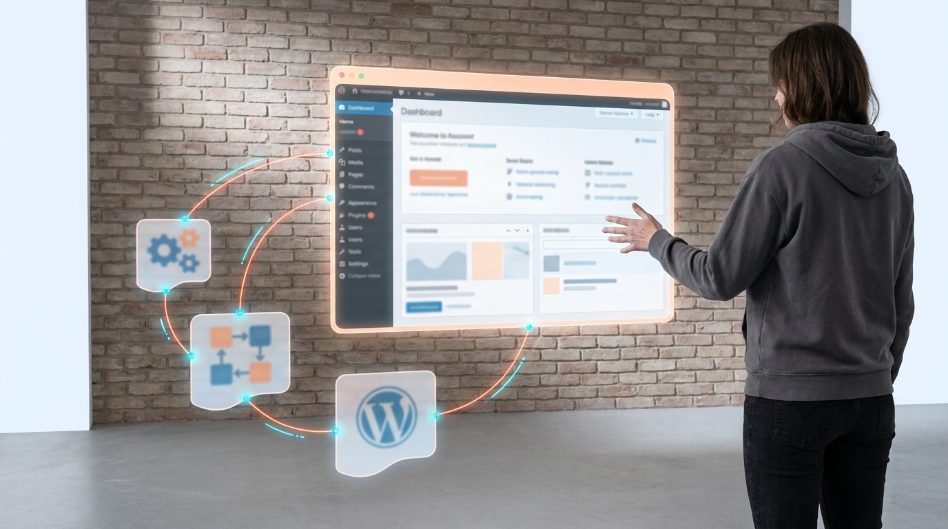 WordPress-Dashboard umgeben von schwebenden KI-Plugin-Icons und Automatisierungs-Symbolen, die einen Content-Workflow vi