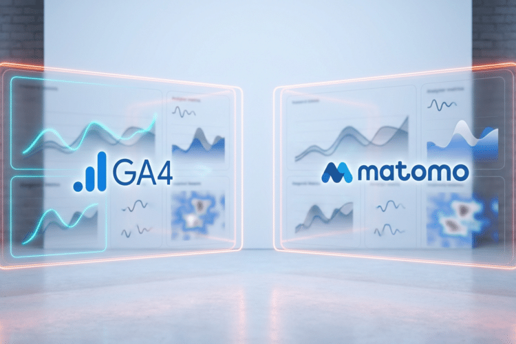 GA4 und Matomo Logos sich gegenüber auf analytischen Dashboards mit Graphen, symbolisiert Web-Analytics-Vergleich