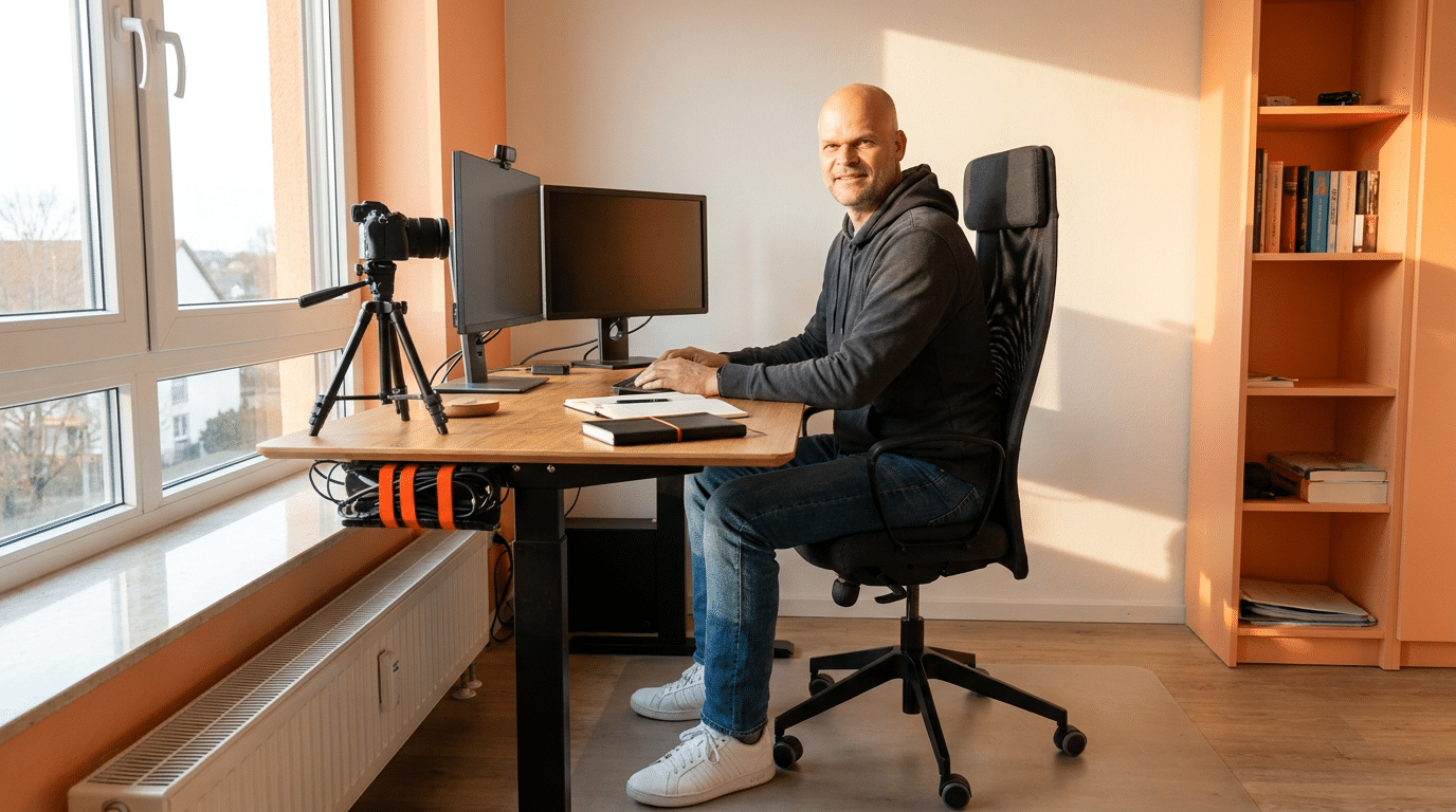 Home-Office Marketing-Setup mit Dual-Monitor, Kamera und professioneller Beleuchtung für Content-Erstellung