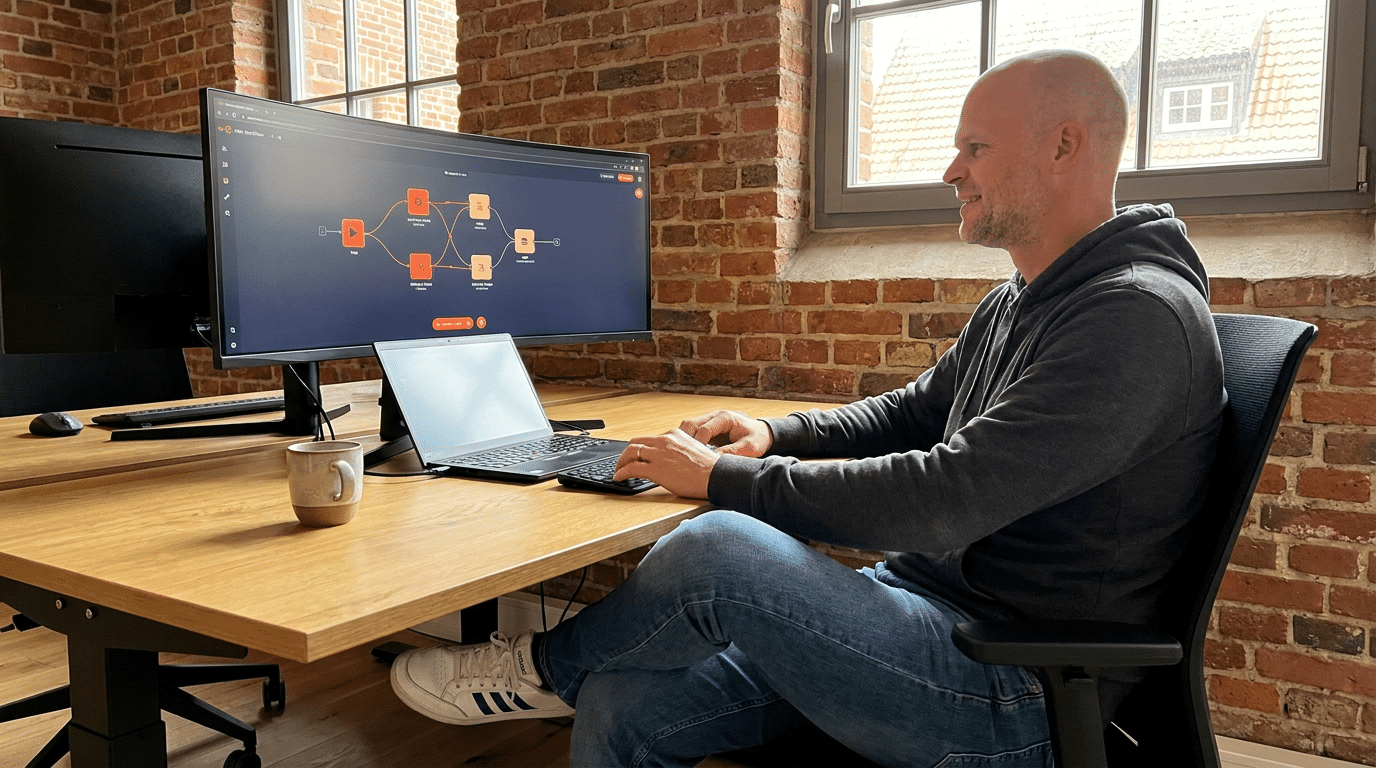 Entwickler richtet n8n Webhook ein und konfiguriert einen Automatisierungs-Workflow im n8n-Editor
