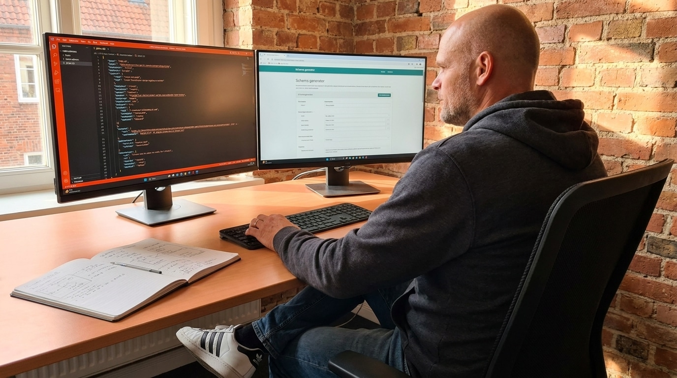 Schema Markup wird in einem JSON-LD-Code-Editor und Schema-Generator im Browser implementiert