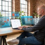 Sönke arbeitet an Laptop mit holographischen Marketing-Automation-Workflows, E-Mail- und Lead-Management-Systemen auf Bi