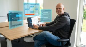 Solopreneur arbeitet konzentriert am Laptop mit sichtbaren KI-Tool-Interfaces, Automation Flows und Checklisten im Home