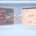Claude Code und HubSpot Integration: Laptop-Display mit Claude Code Editor links und HubSpot Dashboard rechts, verbunden