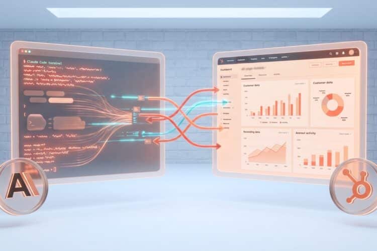Claude Code und HubSpot Integration: Laptop-Display mit Claude Code Editor links und HubSpot Dashboard rechts, verbunden