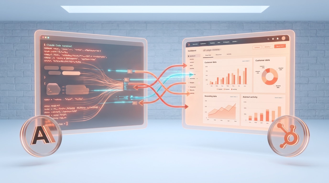 Claude Code und HubSpot Integration: Laptop-Display mit Claude Code Editor links und HubSpot Dashboard rechts, verbunden