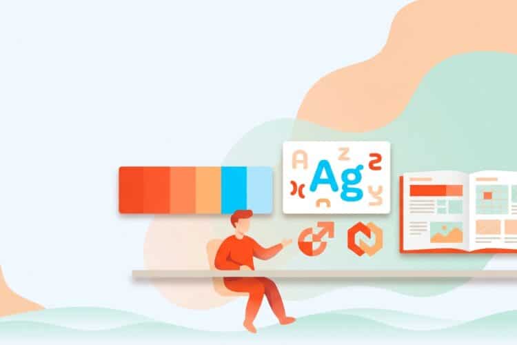 Designer arrangiert Elemente zum Corporate Design entwickeln: Farbpalette, Typografie-Muster, Logo-Varianten und Stylegu