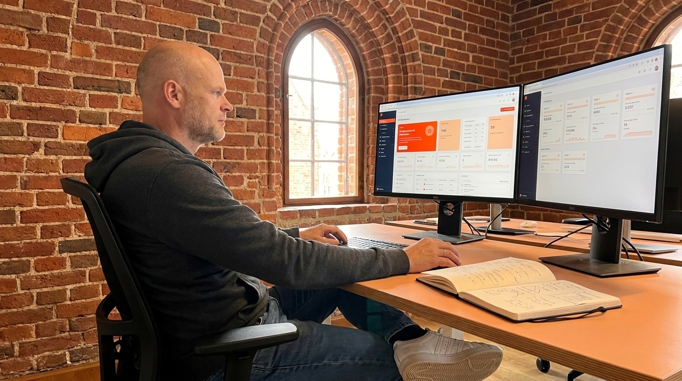 Solopreneur richtet konzentriert seinen ersten KI-Workflow am Laptop-Dashboard ein