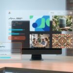 Workspace mit KI-Bildgenerator-Interface auf Monitor und mehreren generierten Marketing-Bildern in unterschiedlichen Sti