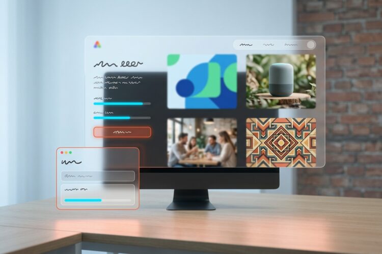 Workspace mit KI-Bildgenerator-Interface auf Monitor und mehreren generierten Marketing-Bildern in unterschiedlichen Sti