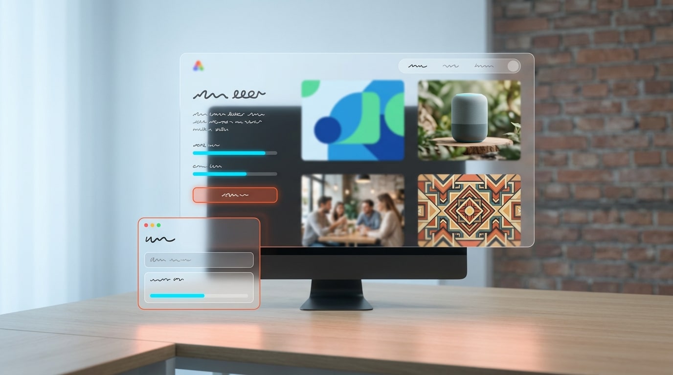 Workspace mit KI-Bildgenerator-Interface auf Monitor und mehreren generierten Marketing-Bildern in unterschiedlichen Sti